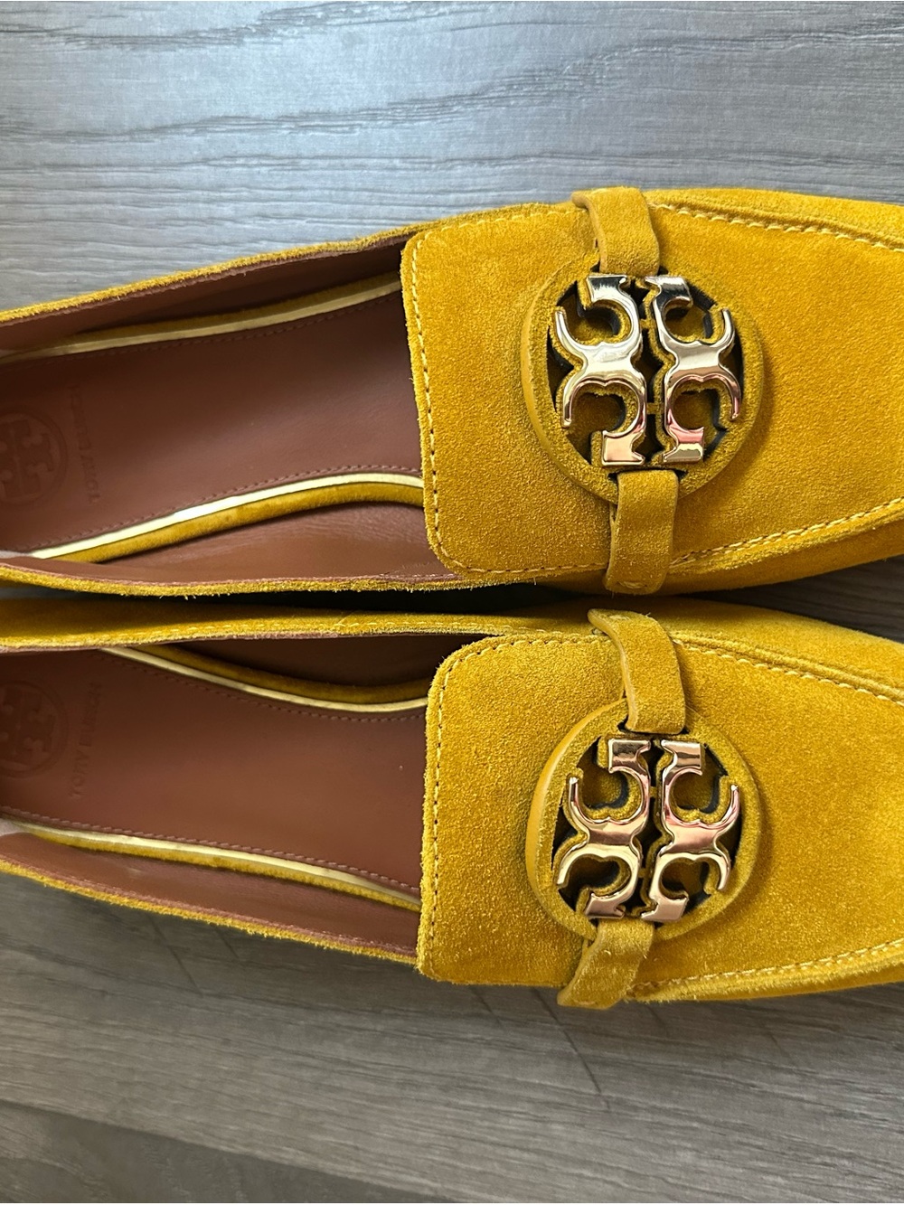 Tory Burch Women’s Mustard Yellow Soft Suede Logo Loafers - Picture 4 of 15